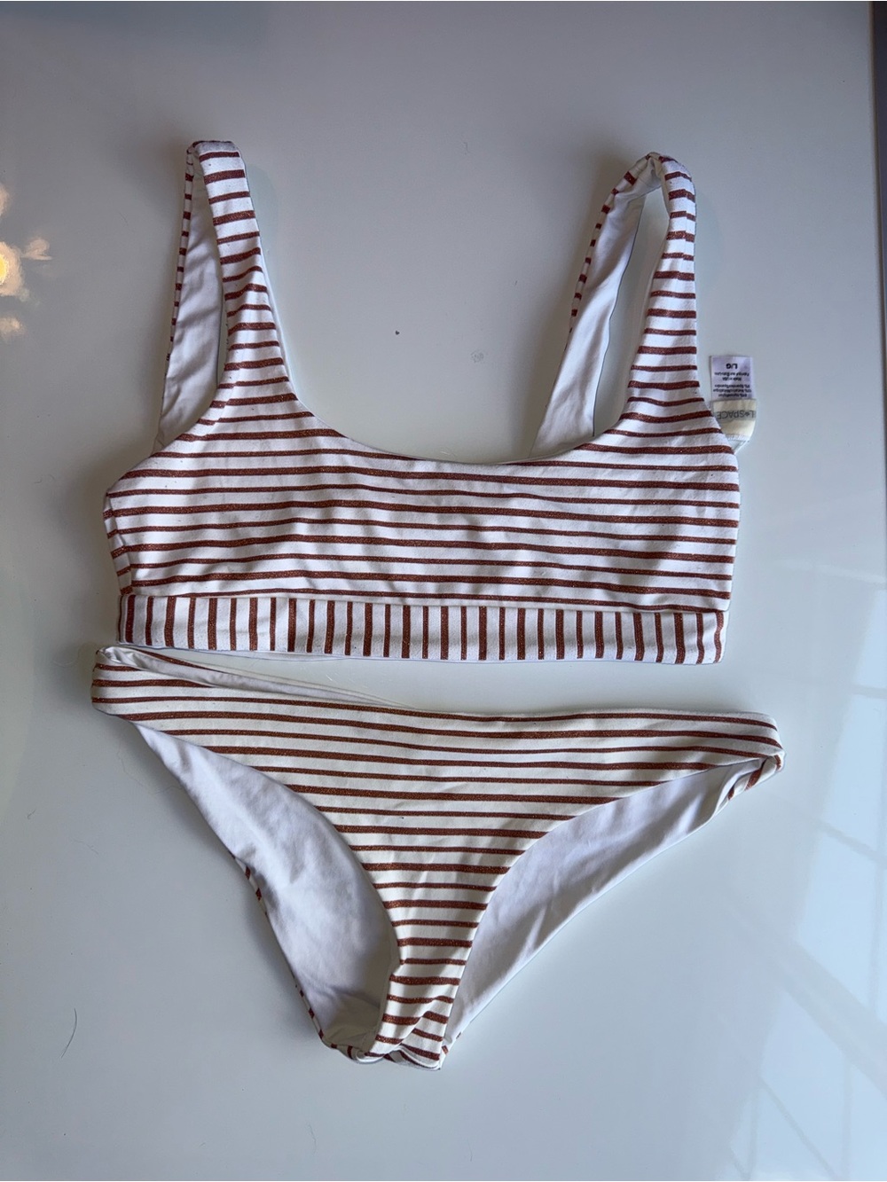 l*SPACE White Bikini Low Cut with Metallic beach Vacation Stripes L